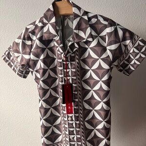Consequence Brown &  White Casual Button Down Shirt with Geometric Design 6L NWT